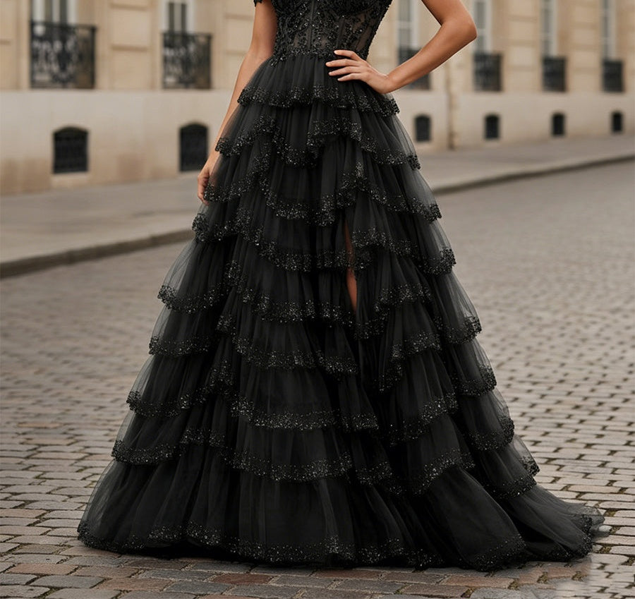 Sparkling Royal Blue Off The Shoulder Tiered Ruffle Corset Prom Dress with Slit