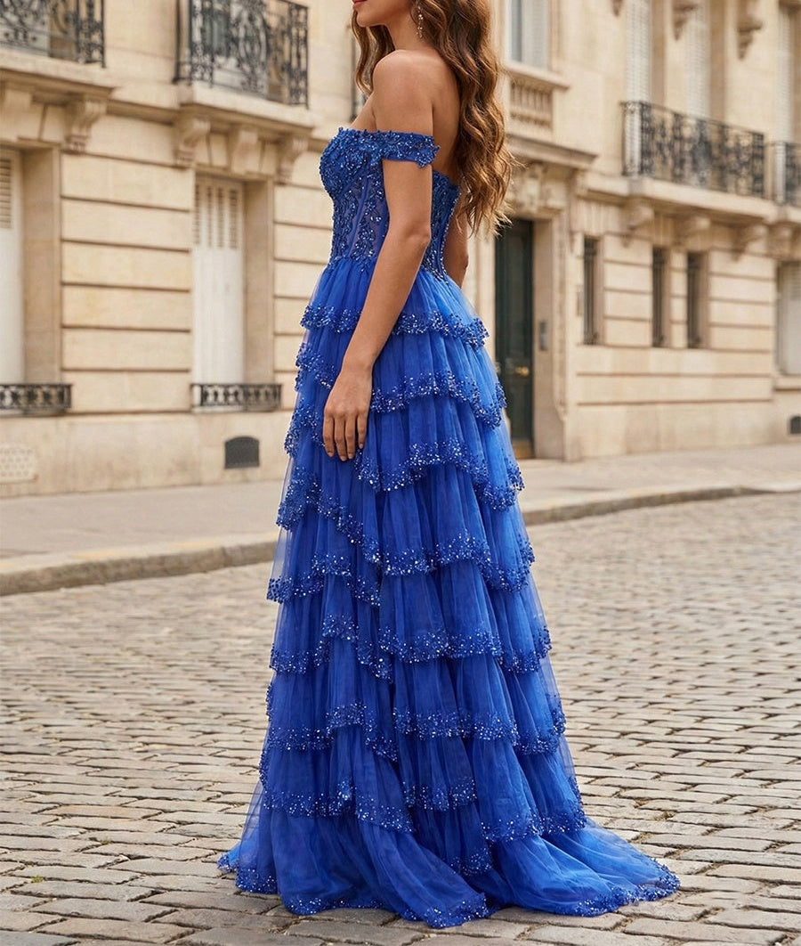 Sparkling Royal Blue Off The Shoulder Tiered Ruffle Corset Prom Dress with Slit