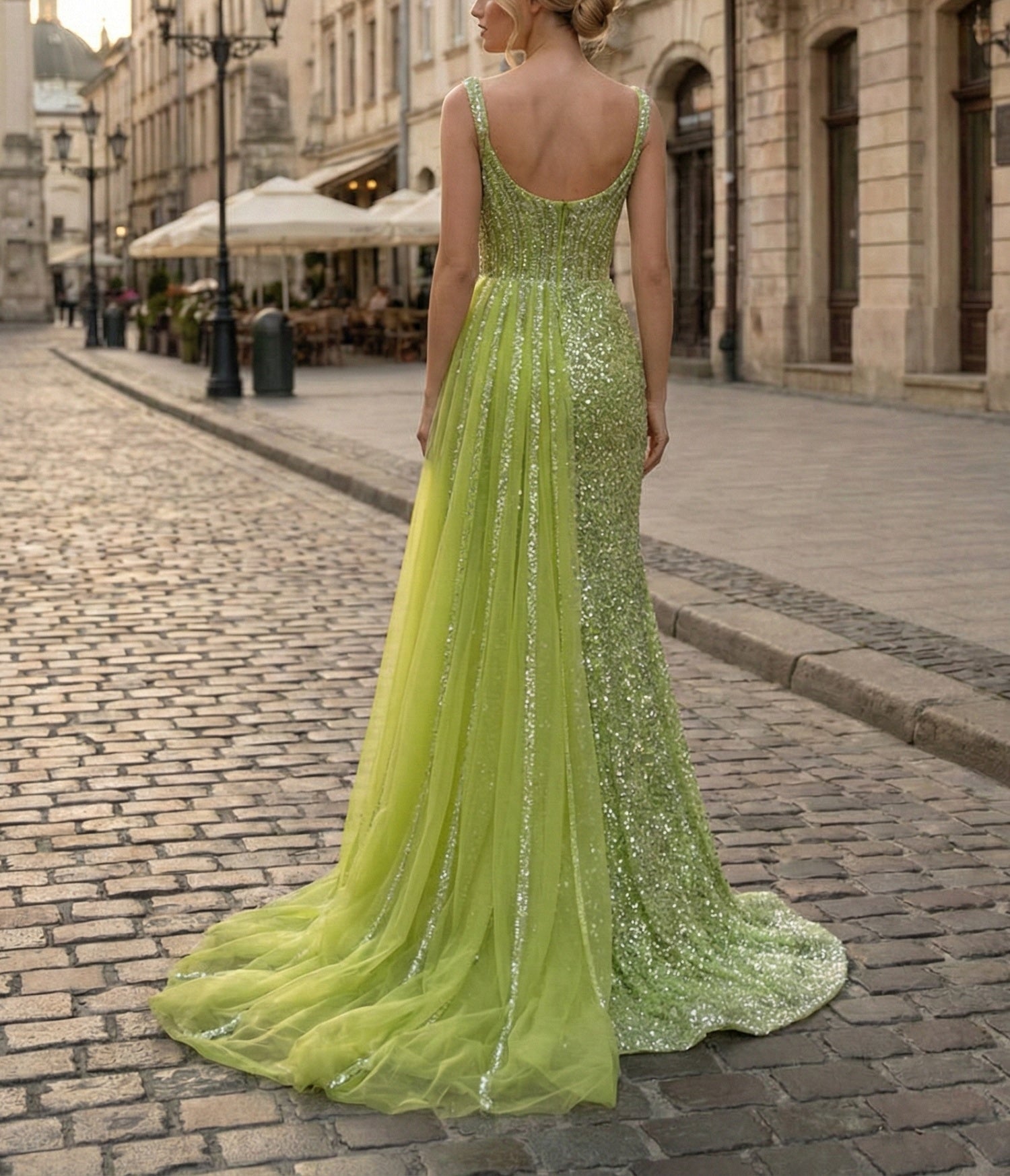 Green Sequin Tulle Train Prom Dress with Slit