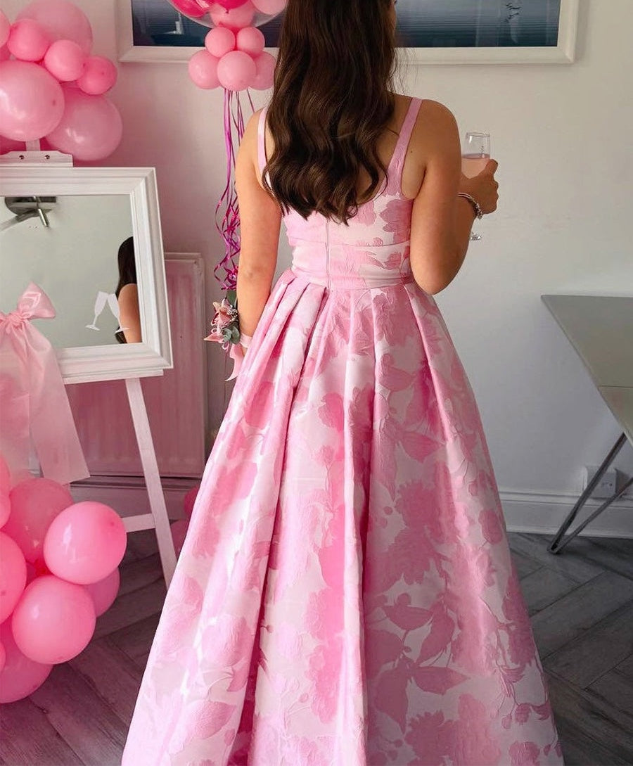 Pink Floral Jacquard Square Neck A-Line Prom Dress