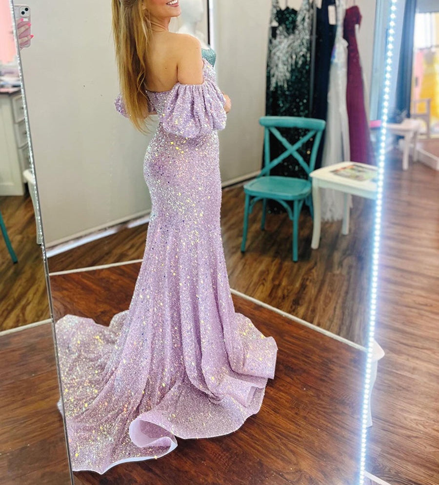 Lilac Sequin Off-the-Shoulder Puff Sleeve Prom Dress
