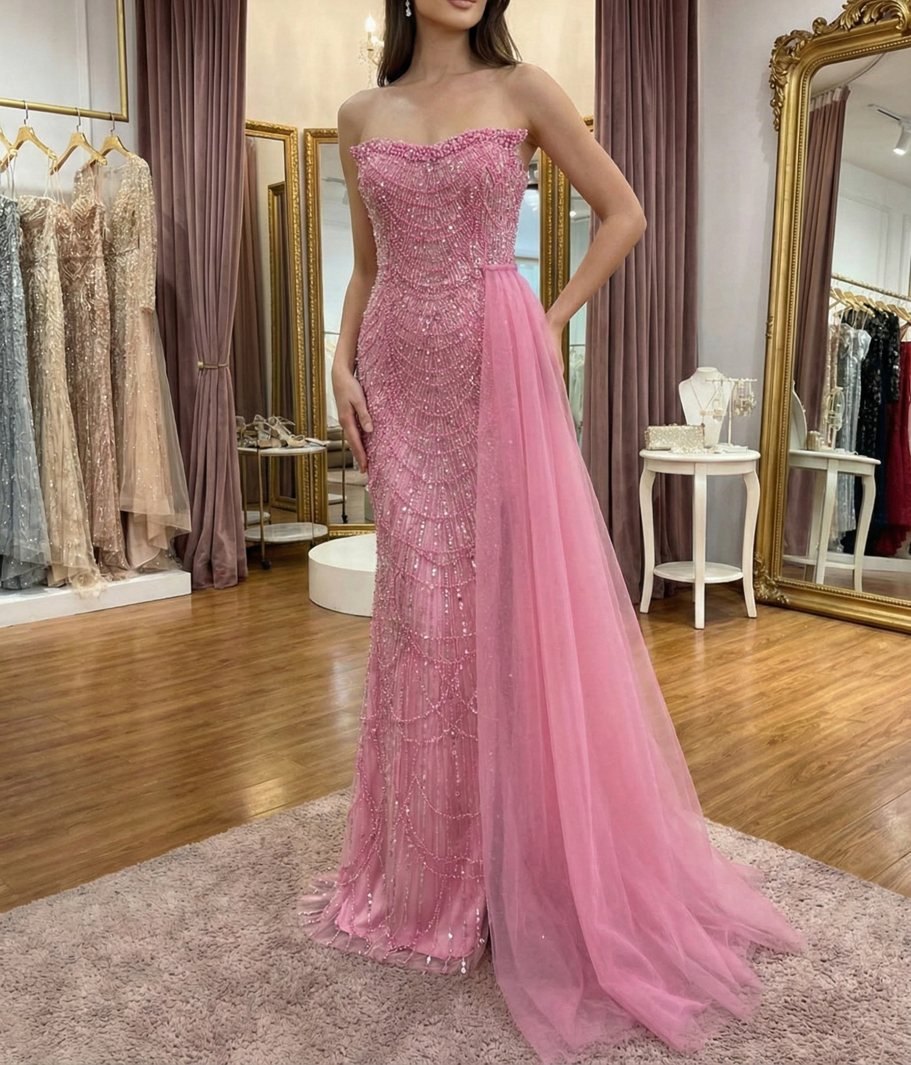 Glamorous Pink Beaded Strapless Prom Dress with Tulle Train