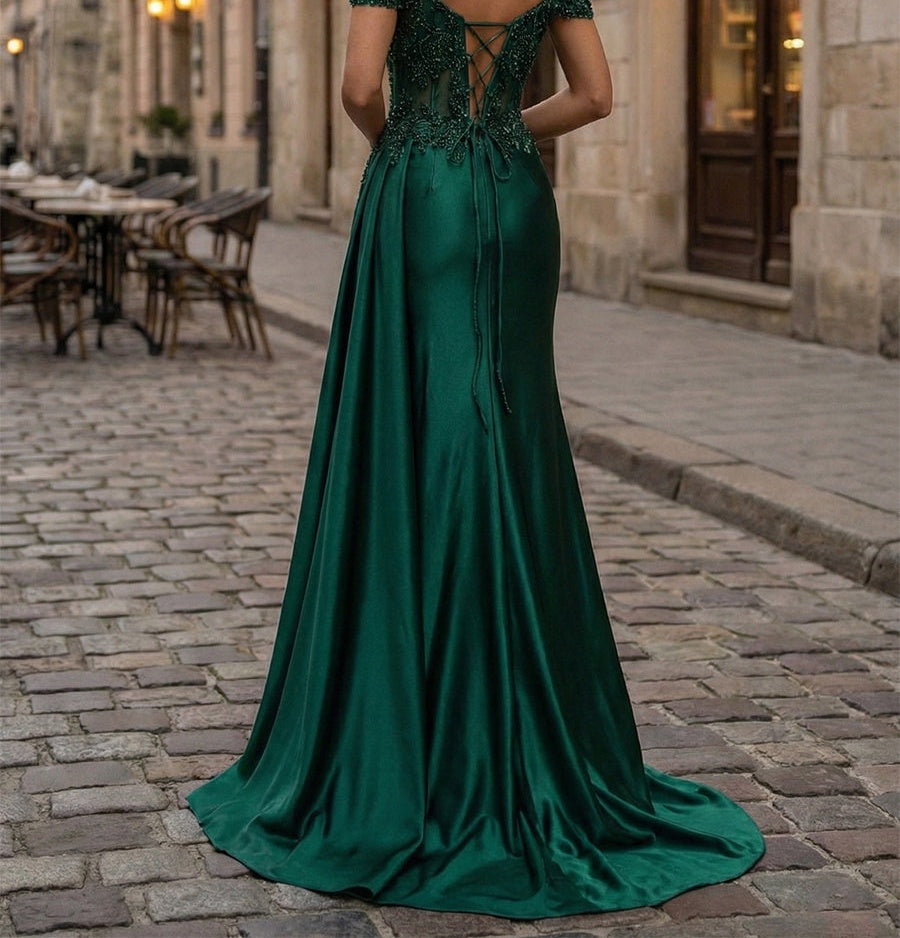 Emerald Green Beaded Corset Satin Long Prom Dress