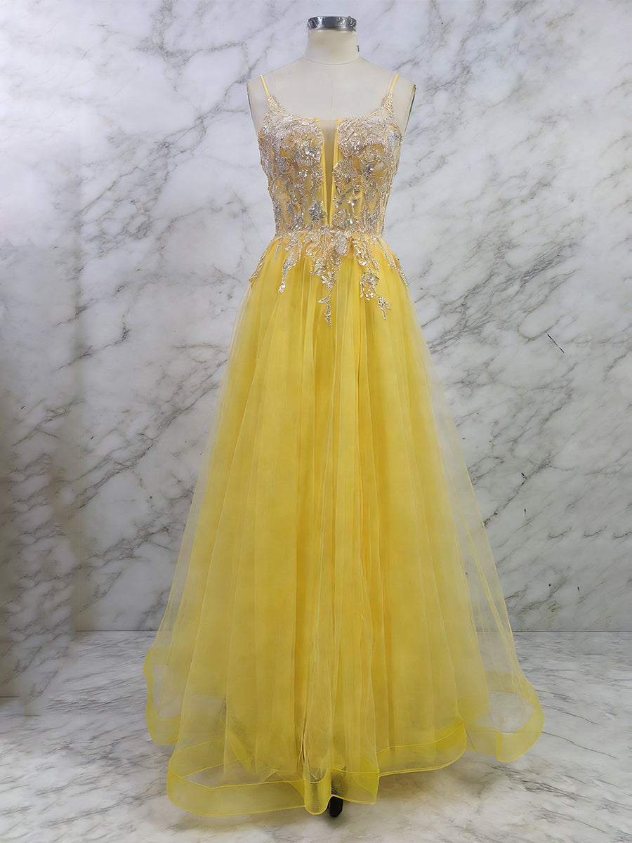 Yellow Metallic Lace Appliqué Tulle Long Prom Dress with Slit