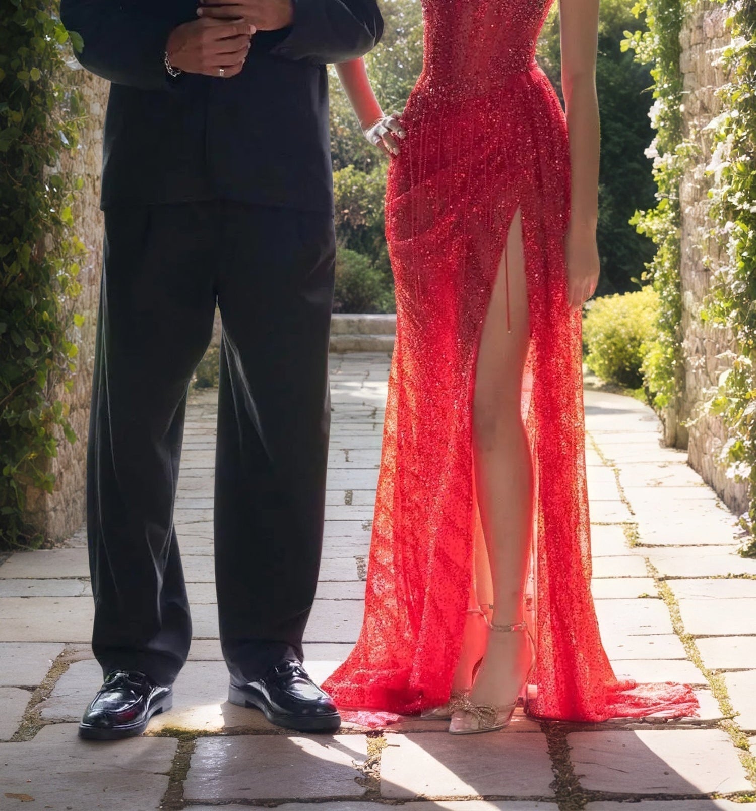 Red Strapless Beaded Fringe Waist Sequin Prom Dress with High Slit
