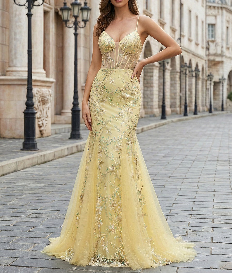 Yellow Floral Sweetheart Spaghetti Straps Corset Mermaid Prom Dress