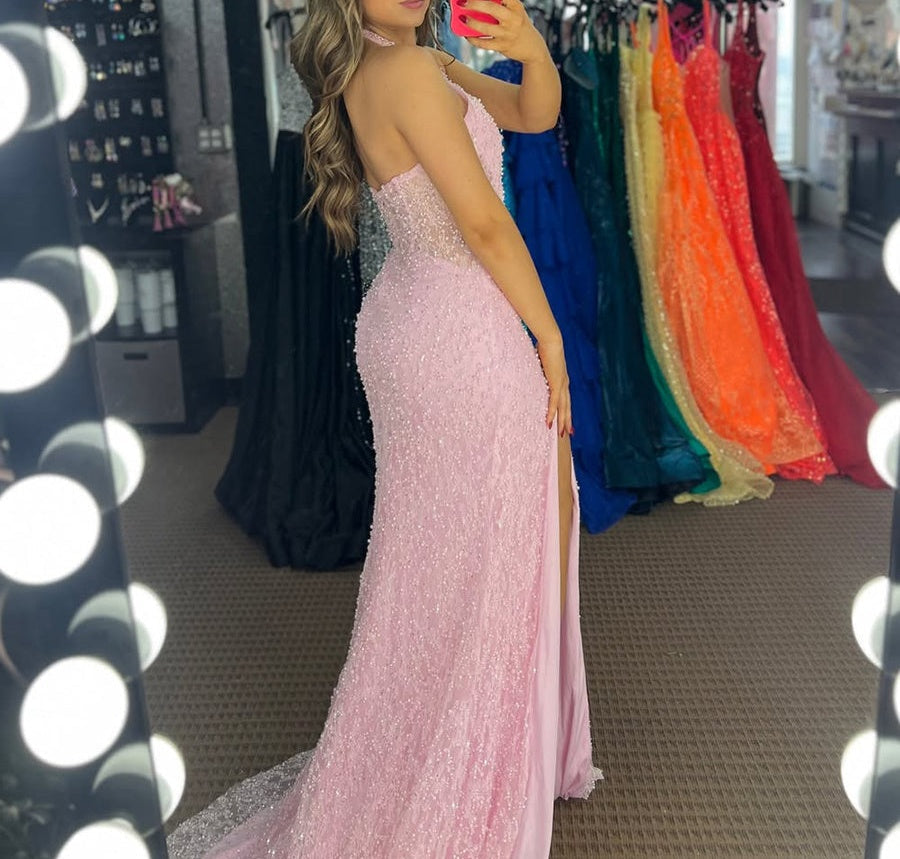 Glamorous Light Pink Beaded Halter Prom Dress with High Slit