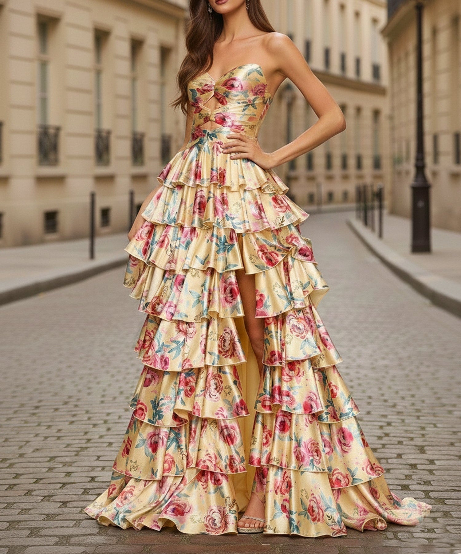Yellow Floral Tiered Ruffle Long Prom Dress with Keyhole