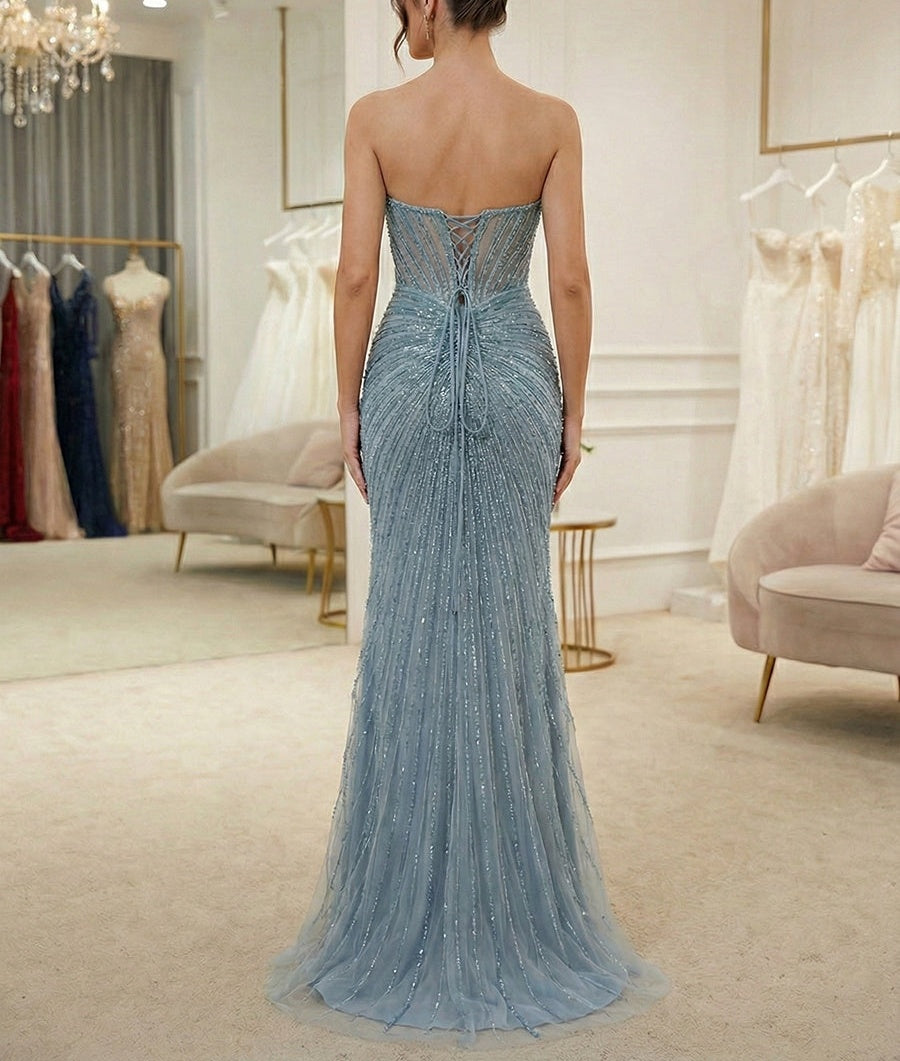 Dusty Blue Linear Beaded Long Corset Prom Dress with High Slit