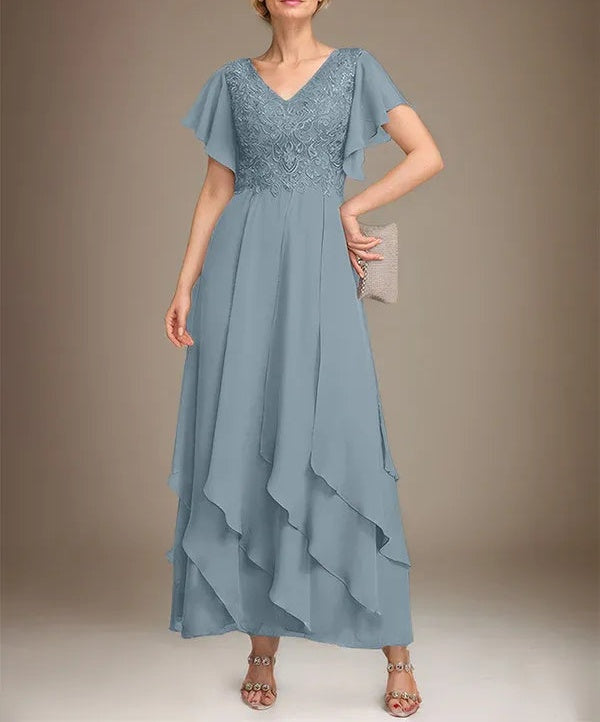 A-line V-Neck Ankle-Length Lace Chiffon Mother of the Bride Dress With Cascading Ruffles