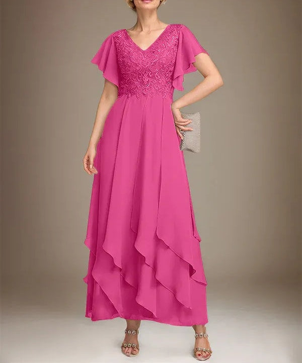 A-line V-Neck Ankle-Length Lace Chiffon Mother of the Bride Dress With Cascading Ruffles