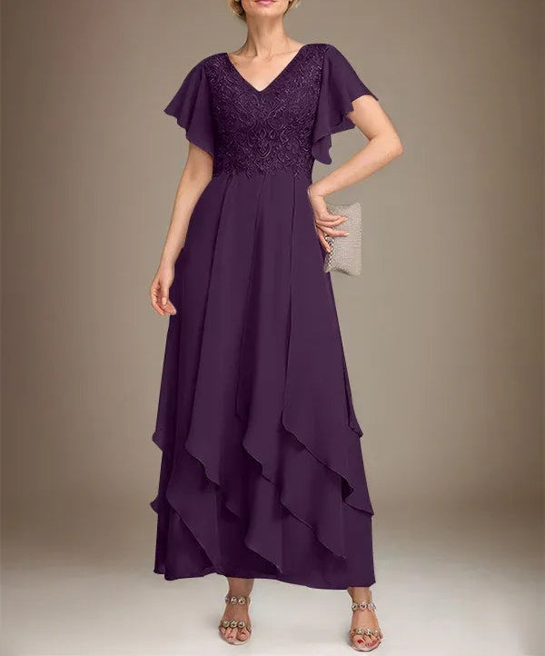 A-line V-Neck Ankle-Length Lace Chiffon Mother of the Bride Dress With Cascading Ruffles