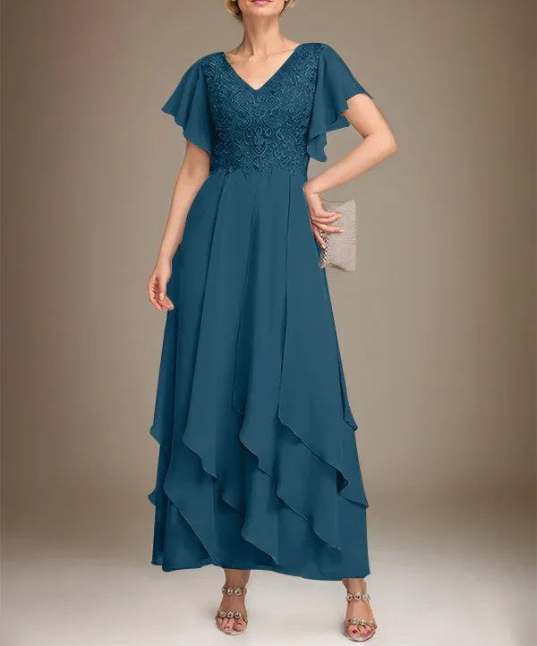 A-line V-Neck Ankle-Length Lace Chiffon Mother of the Bride Dress With Cascading Ruffles