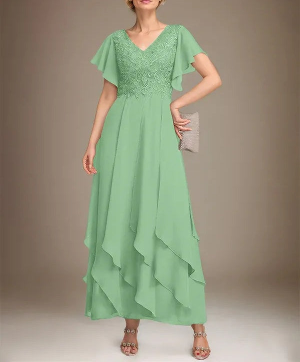 A-line V-Neck Ankle-Length Lace Chiffon Mother of the Bride Dress With Cascading Ruffles
