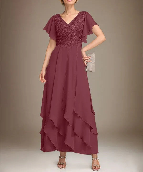 A-line V-Neck Ankle-Length Lace Chiffon Mother of the Bride Dress With Cascading Ruffles