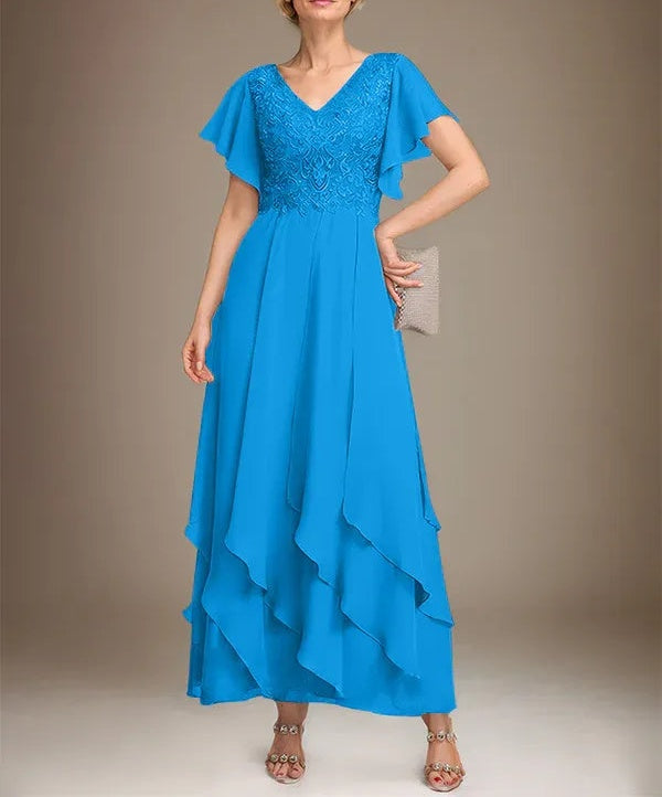 A-line V-Neck Ankle-Length Lace Chiffon Mother of the Bride Dress With Cascading Ruffles