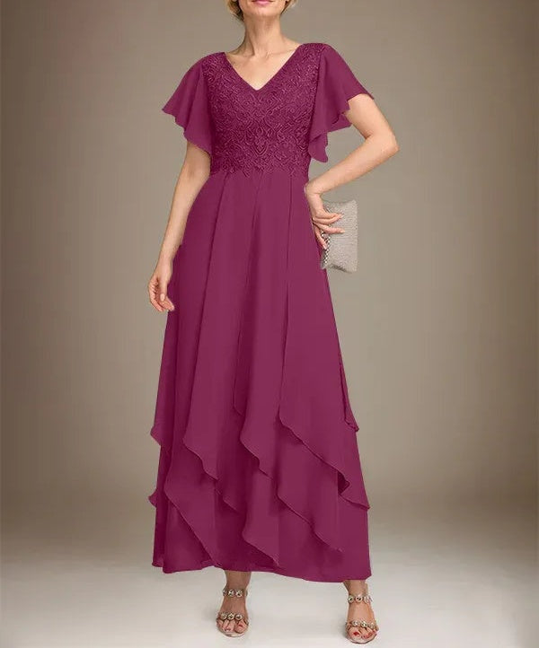 A-line V-Neck Ankle-Length Lace Chiffon Mother of the Bride Dress With Cascading Ruffles