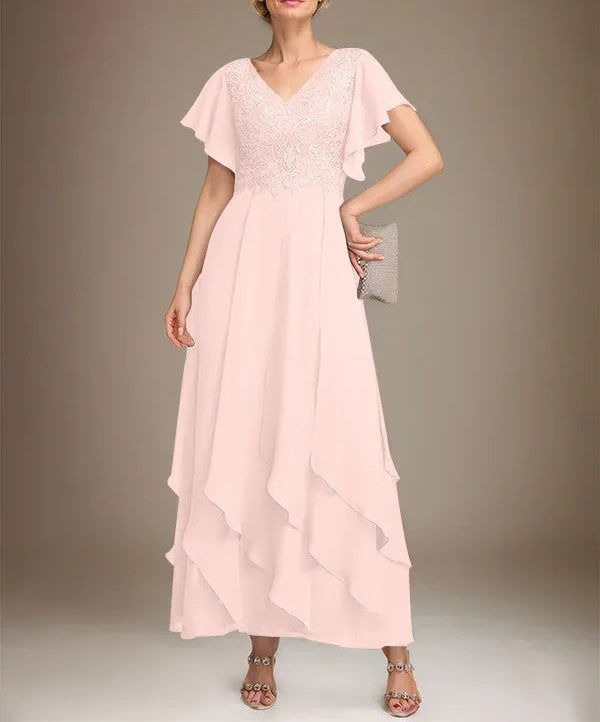 A-line V-Neck Ankle-Length Lace Chiffon Mother of the Bride Dress With Cascading Ruffles