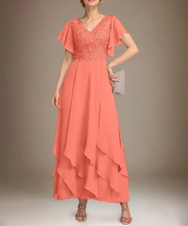 A-line V-Neck Ankle-Length Lace Chiffon Mother of the Bride Dress With Cascading Ruffles