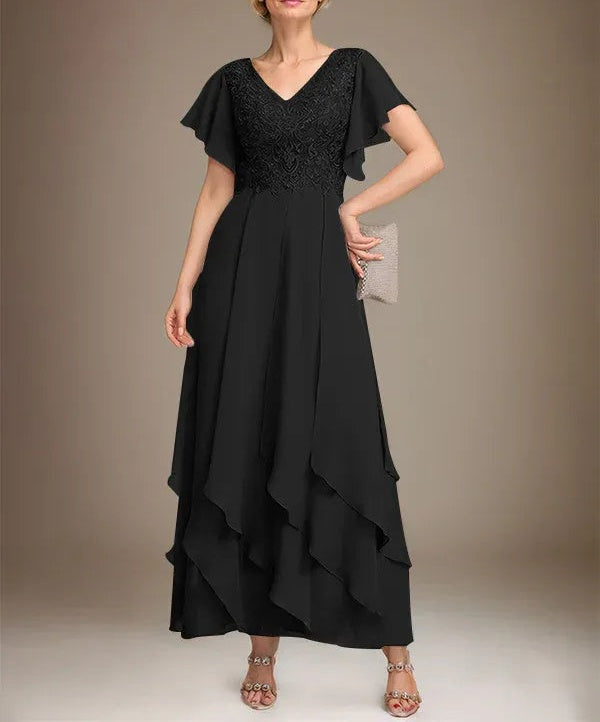 A-line V-Neck Ankle-Length Lace Chiffon Mother of the Bride Dress With Cascading Ruffles