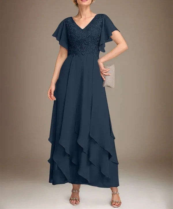 A-line V-Neck Ankle-Length Lace Chiffon Mother of the Bride Dress With Cascading Ruffles