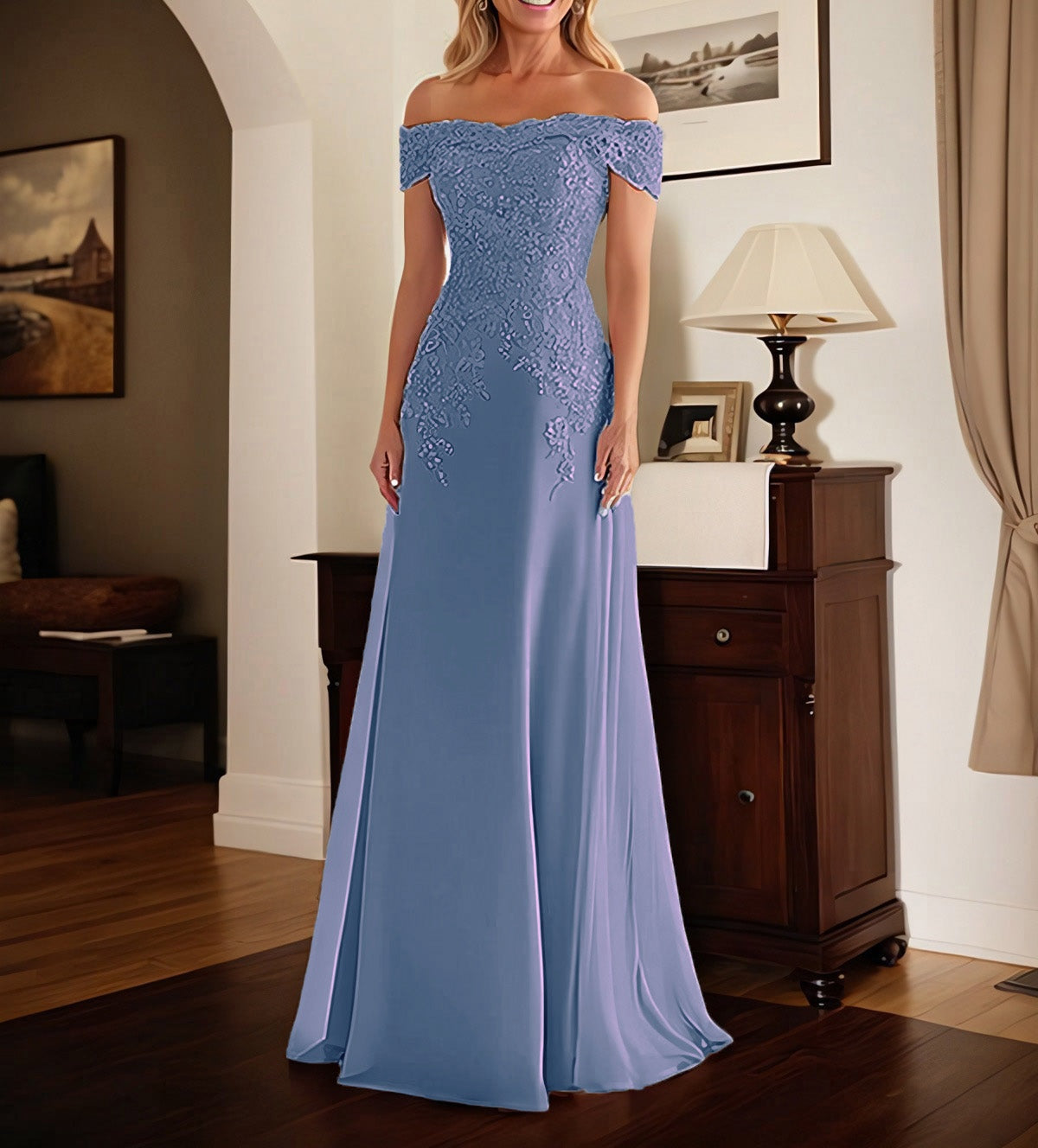 Elegant Taupe Off The Shoulder Sheath Mother of the Bride Dress with Lace
