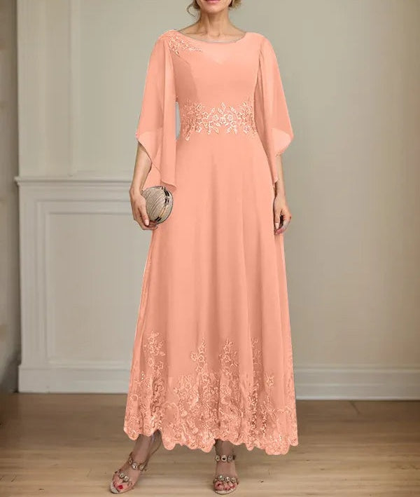A-line Scoop Illusion Ankle-Length Lace Chiffon Mother of the Bride Dress With Sequins
