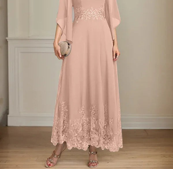 A-line Scoop Illusion Ankle-Length Lace Chiffon Mother of the Bride Dress With Sequins