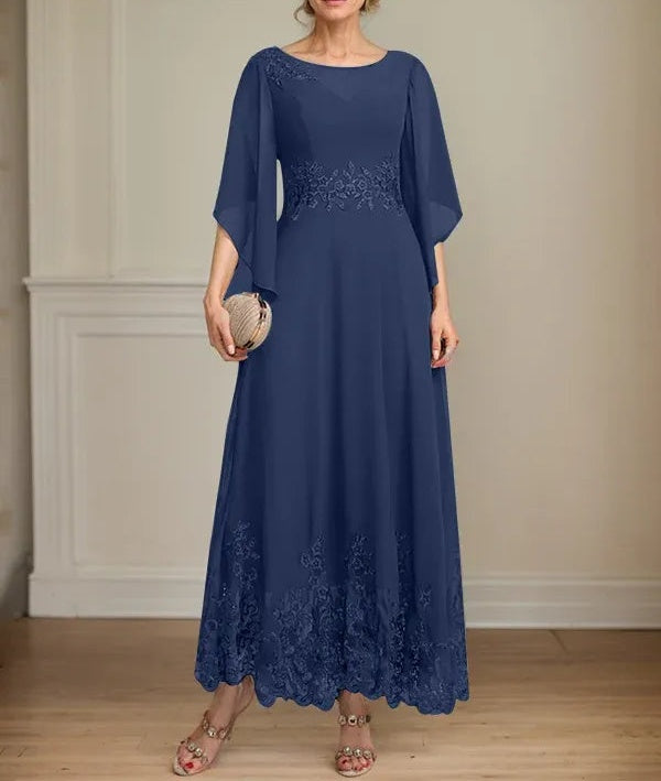A-line Scoop Illusion Ankle-Length Lace Chiffon Mother of the Bride Dress With Sequins