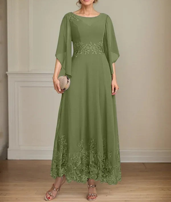 A-line Scoop Illusion Ankle-Length Lace Chiffon Mother of the Bride Dress With Sequins