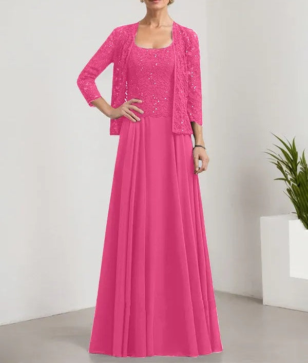 A-line Square Floor-Length Lace Chiffon Mother of the Bride Dress With Sequins