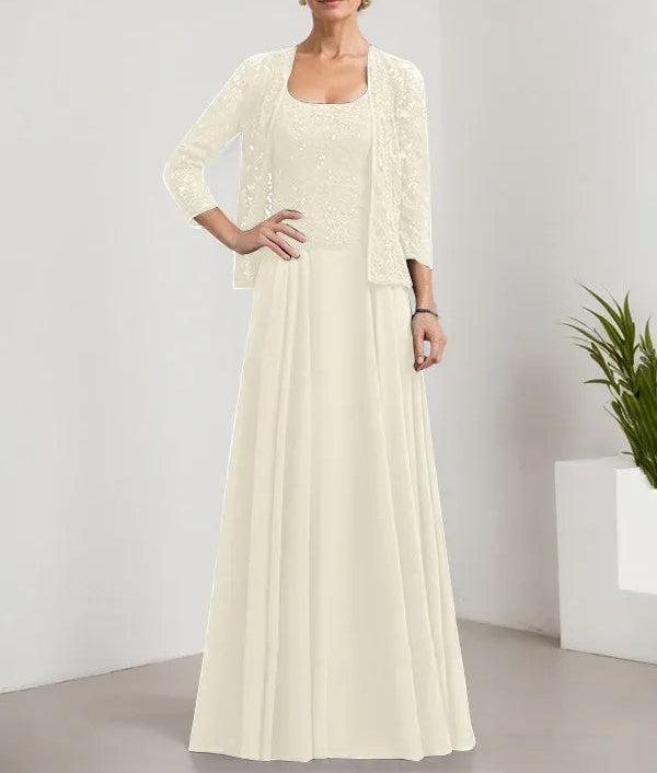 A-line Square Floor-Length Lace Chiffon Mother of the Bride Dress With Sequins