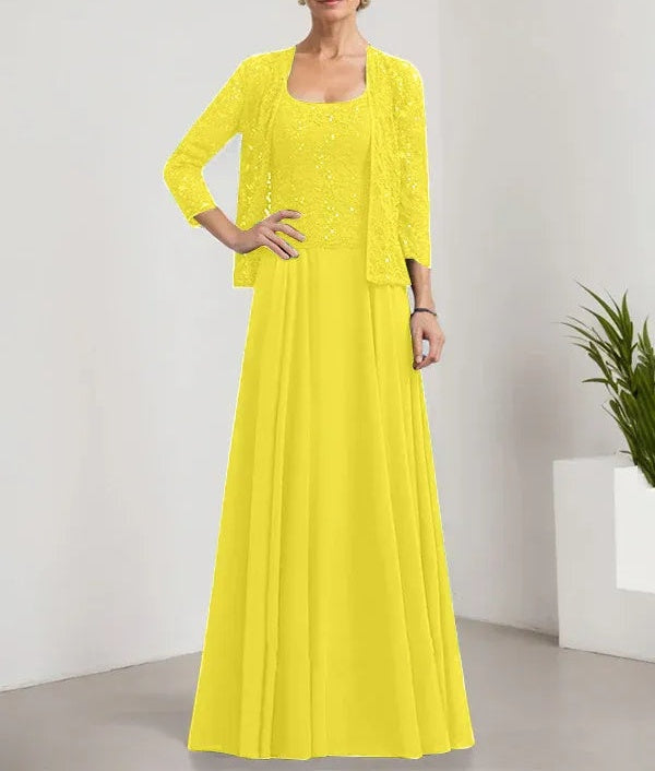 A-line Square Floor-Length Lace Chiffon Mother of the Bride Dress With Sequins