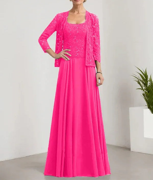 A-line Square Floor-Length Lace Chiffon Mother of the Bride Dress With Sequins