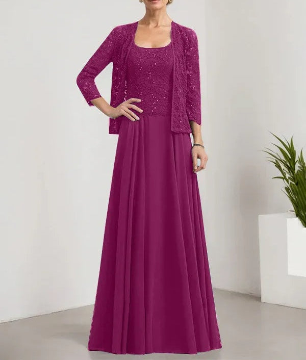 A-line Square Floor-Length Lace Chiffon Mother of the Bride Dress With Sequins
