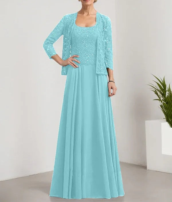 A-line Square Floor-Length Lace Chiffon Mother of the Bride Dress With Sequins