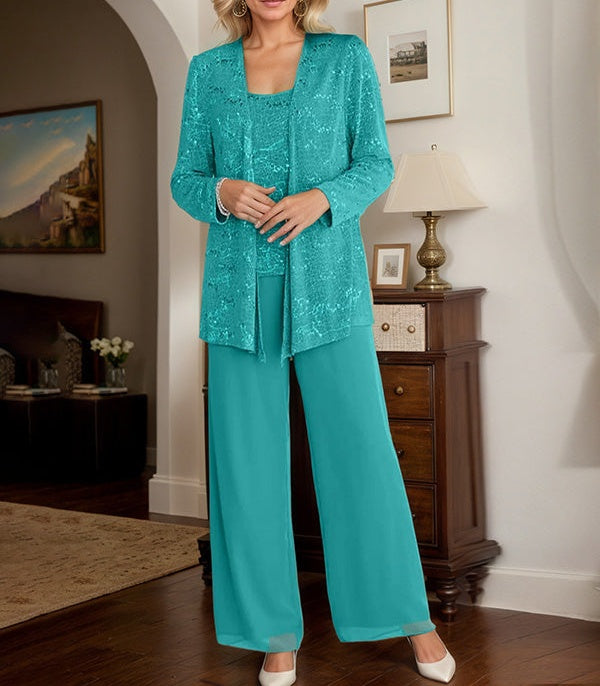Chiffon Mother of the Bride Pantsuits with Jacket & Sequins