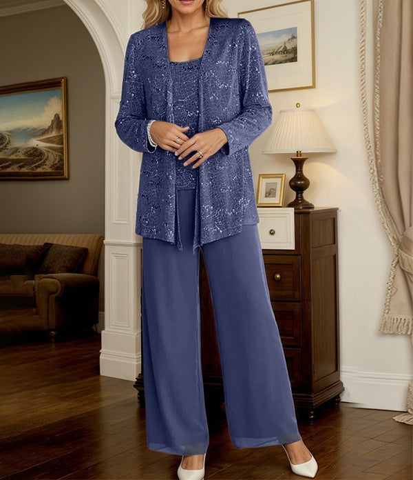 Chiffon Mother of the Bride Pantsuits with Jacket & Sequins