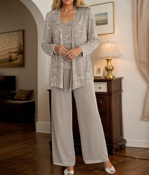 Chiffon Mother of the Bride Pantsuits with Jacket & Sequins