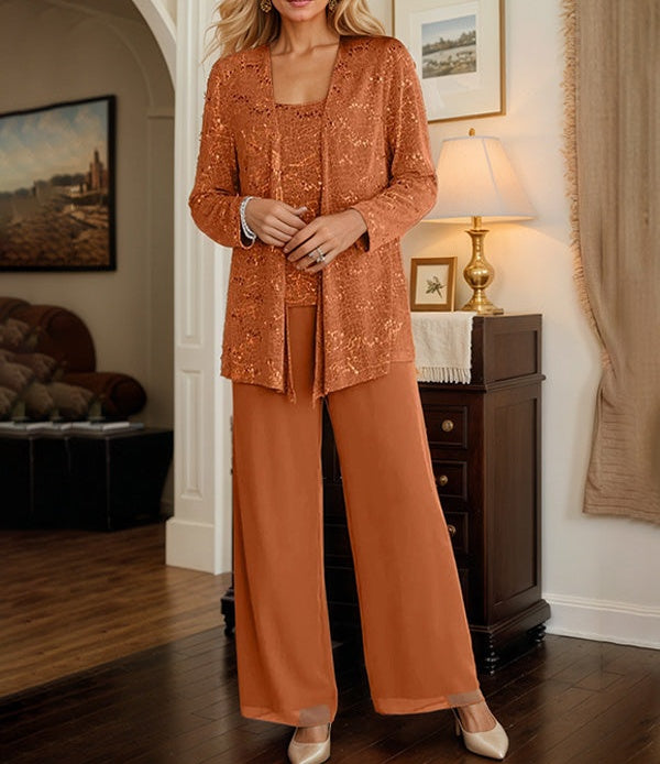 Chiffon Mother of the Bride Pantsuits with Jacket & Sequins