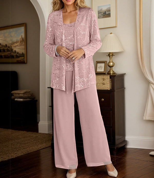 Chiffon Mother of the Bride Pantsuits with Jacket & Sequins