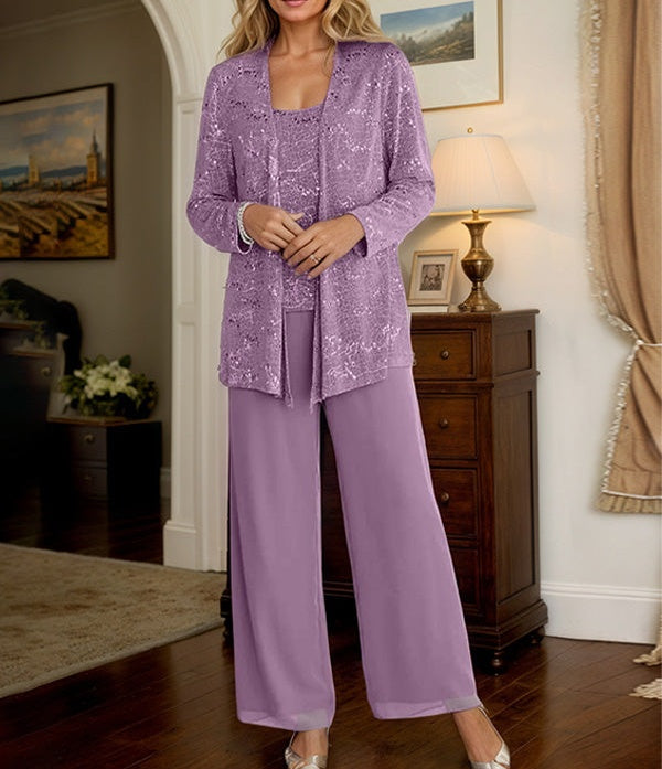 Chiffon Mother of the Bride Pantsuits with Jacket & Sequins