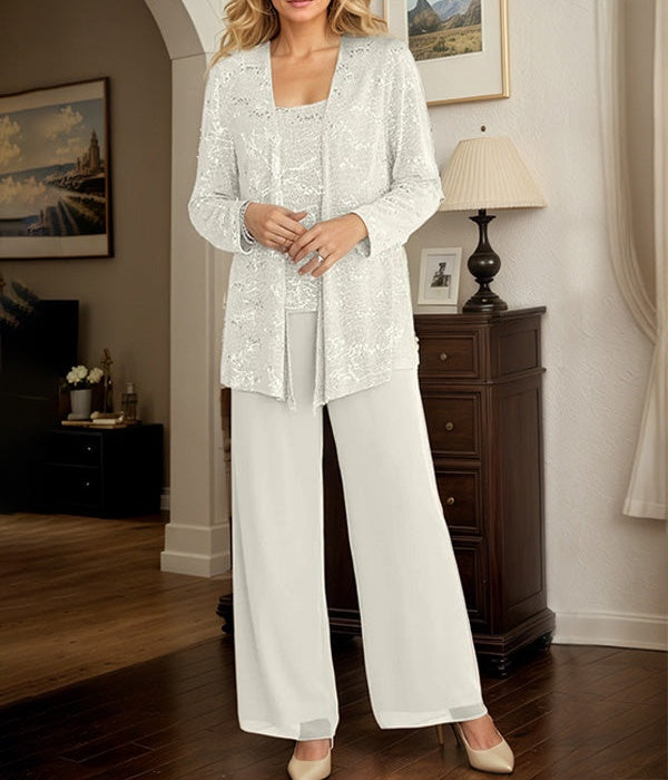 Chiffon Mother of the Bride Pantsuits with Jacket & Sequins