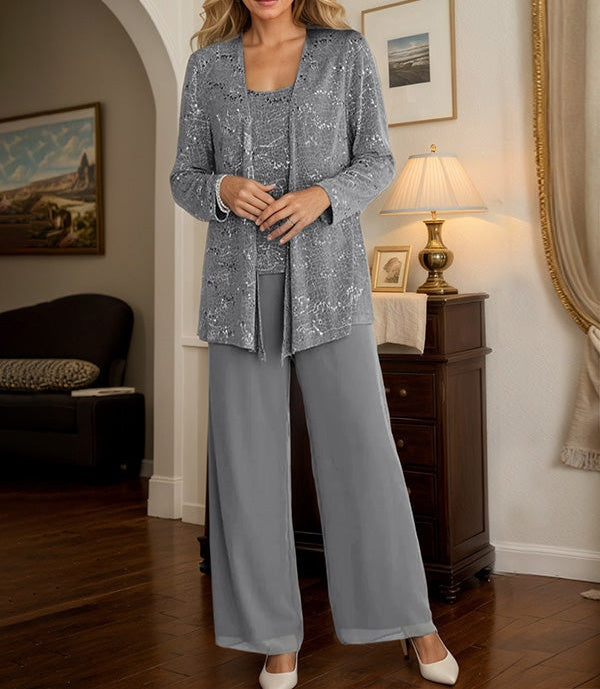 Chiffon Mother of the Bride Pantsuits with Jacket & Sequins