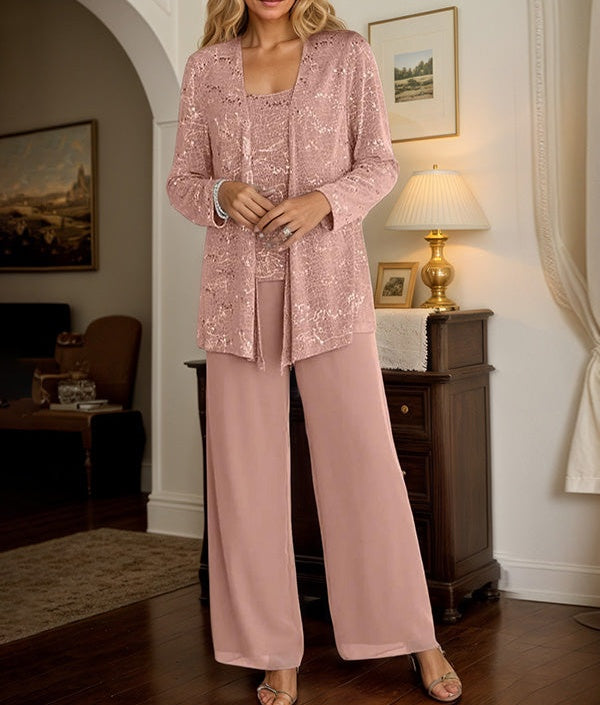 Chiffon Mother of the Bride Pantsuits with Jacket & Sequins