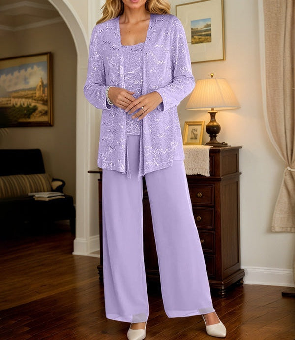 Chiffon Mother of the Bride Pantsuits with Jacket & Sequins