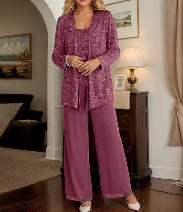 Chiffon Mother of the Bride Pantsuits with Jacket & Sequins