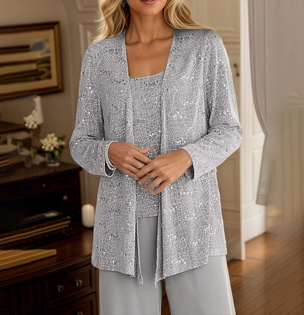 Chiffon Mother of the Bride Pantsuits with Jacket & Sequins