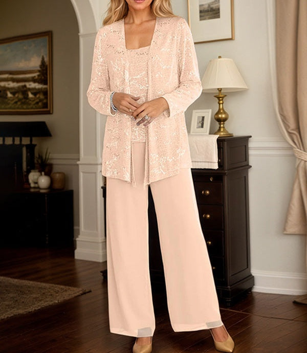 Chiffon Mother of the Bride Pantsuits with Jacket & Sequins