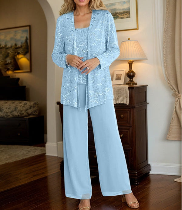 Chiffon Mother of the Bride Pantsuits with Jacket & Sequins